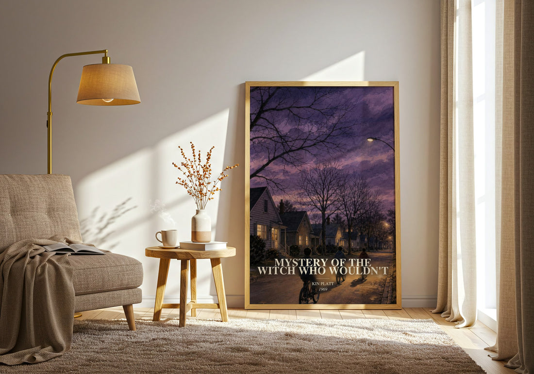 Mystery of the Witch Who Wouldn't watercolour print in frame leaning in hallway – childrens wall art