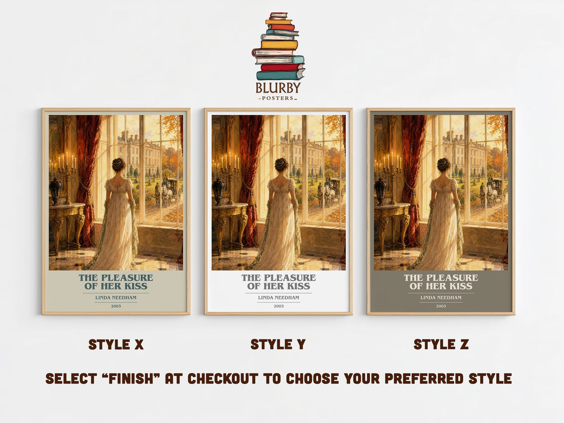 The Pleasure of Her Kiss book cover print in frame leaning in hallway – romance wall art (mockup)