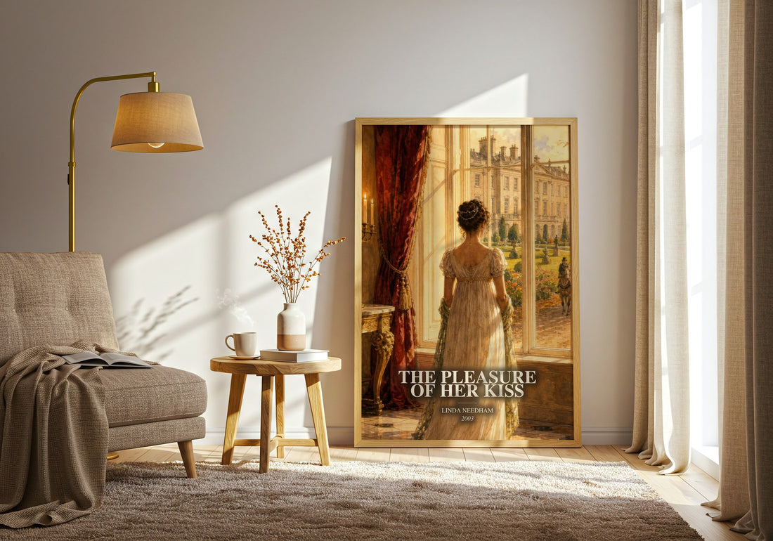 The Pleasure of Her Kiss watercolour print in frame leaning in hallway – romance wall art