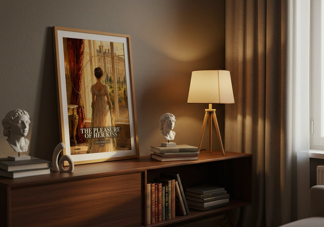 The Pleasure of Her Kiss watercolour print on bookshelf – Linda Needham fan gift