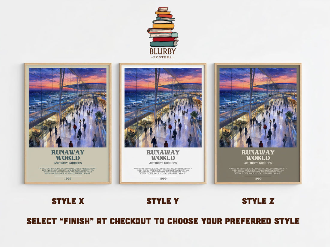 Runaway world bookish print in frame leaning in hallway – non fiction wall art (mockup)