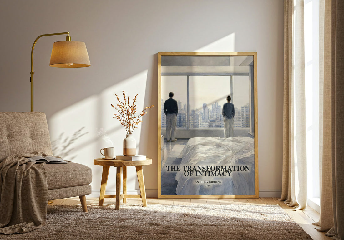 The transformation of intimacy watercolour print in frame leaning in hallway – non fiction wall art