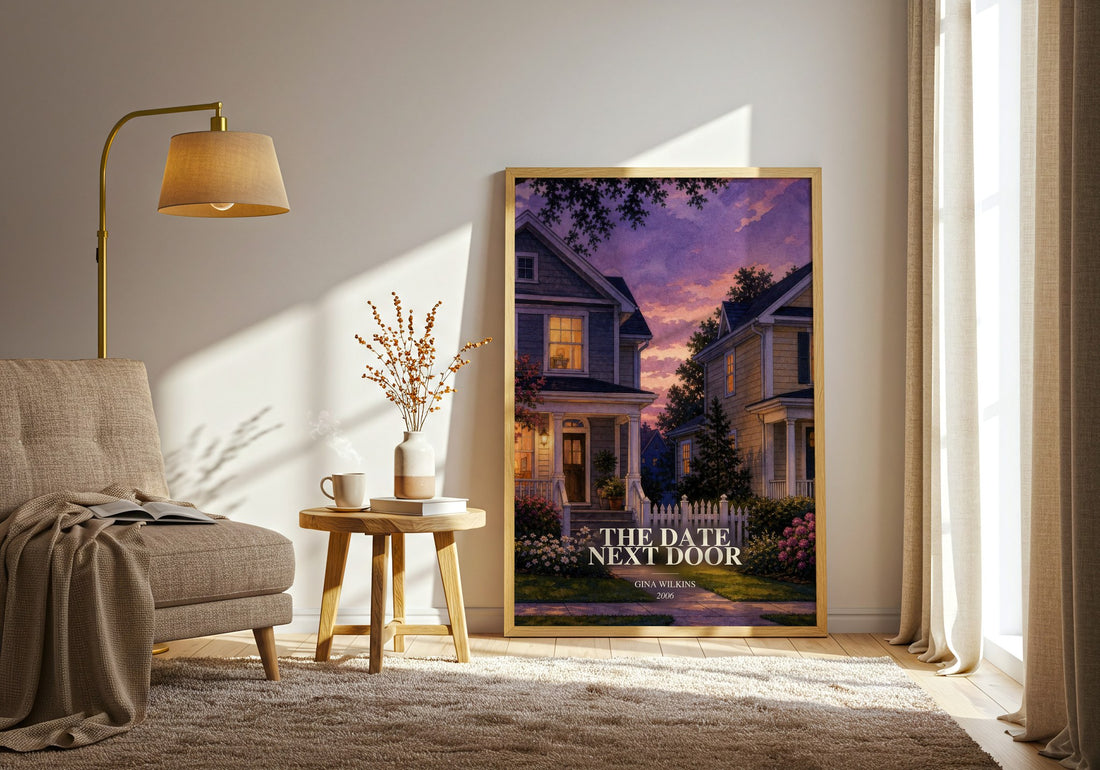 The Date Next Door watercolour print in frame leaning in hallway – romance wall art