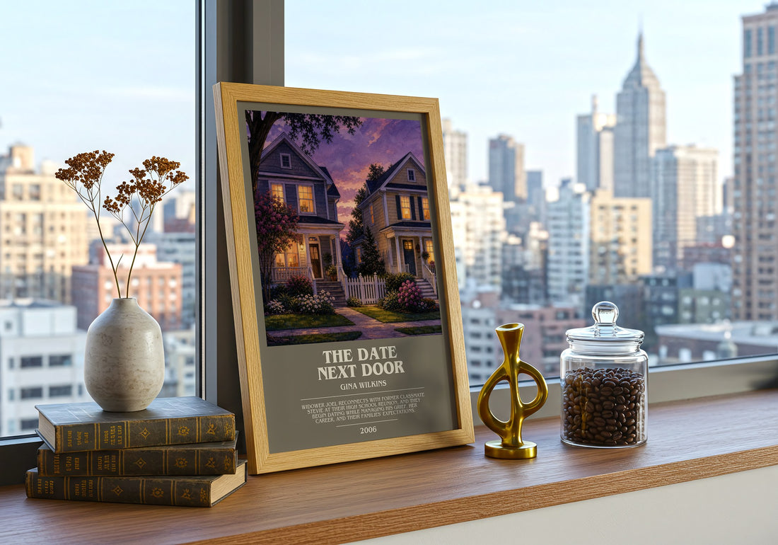 The Date Next Door bookish print framed by window – literary home decor