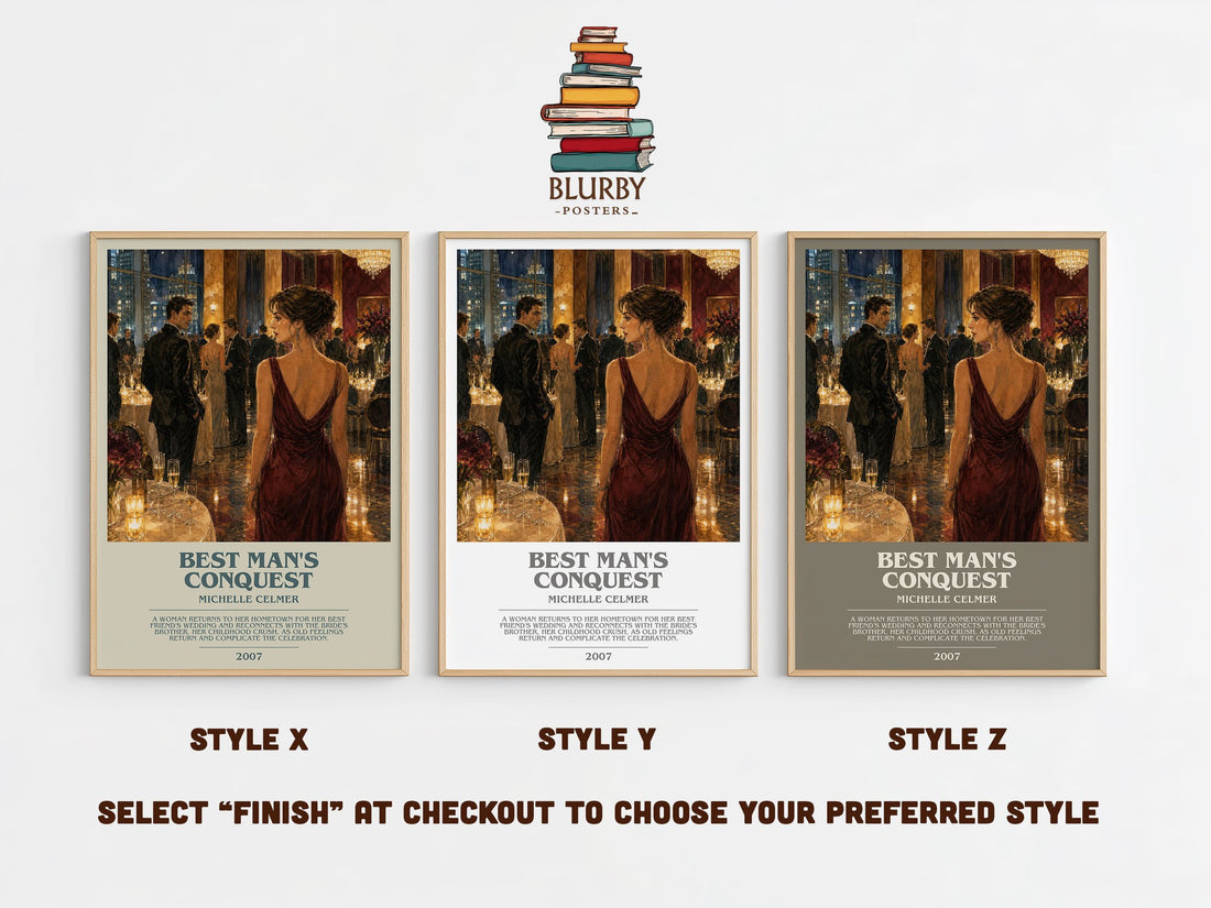 Best Man's Conquest bookish print in frame leaning in hallway – romance wall art (mockup)