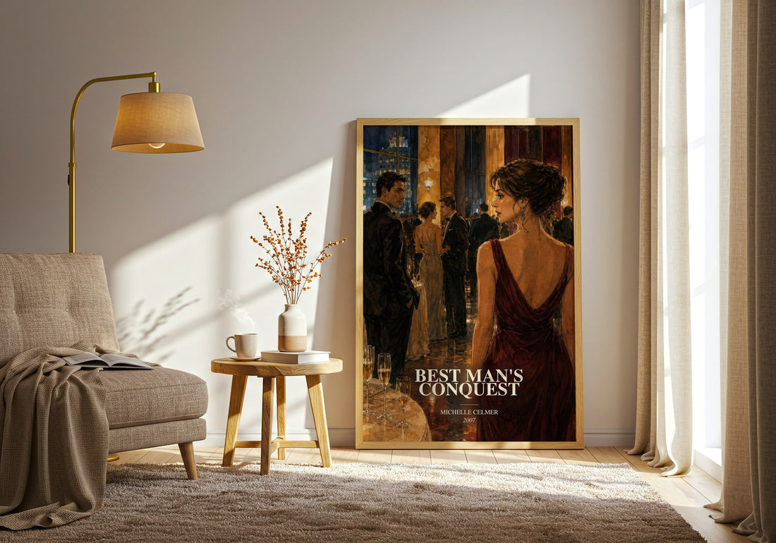 Best Man's Conquest watercolour print in frame leaning in hallway – romance wall art