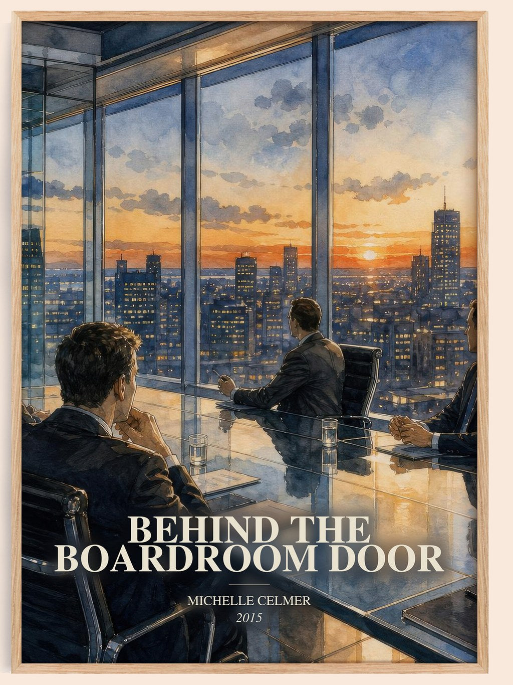 Behind the Boardroom Door watercolour book poster by Michelle Celmer – framed literary art print