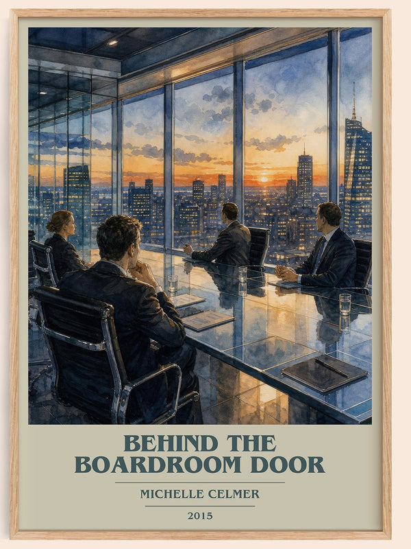 Behind the Boardroom Door book cover book poster by Michelle Celmer – framed literary art print