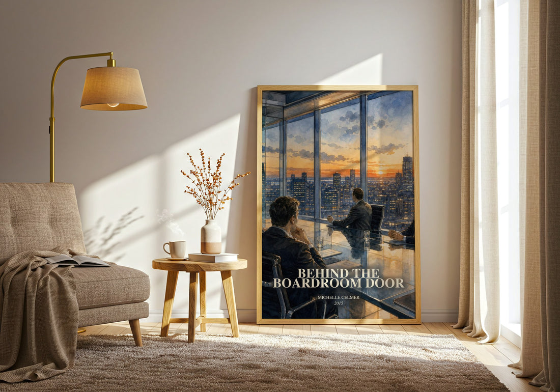 Behind the Boardroom Door watercolour print in frame leaning in hallway – romance wall art