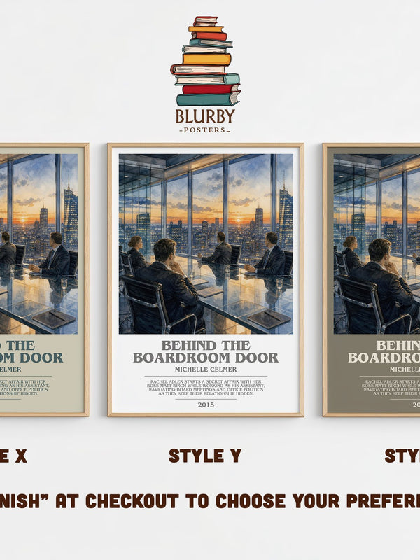 Behind the Boardroom Door bookish print in frame leaning in hallway – romance wall art