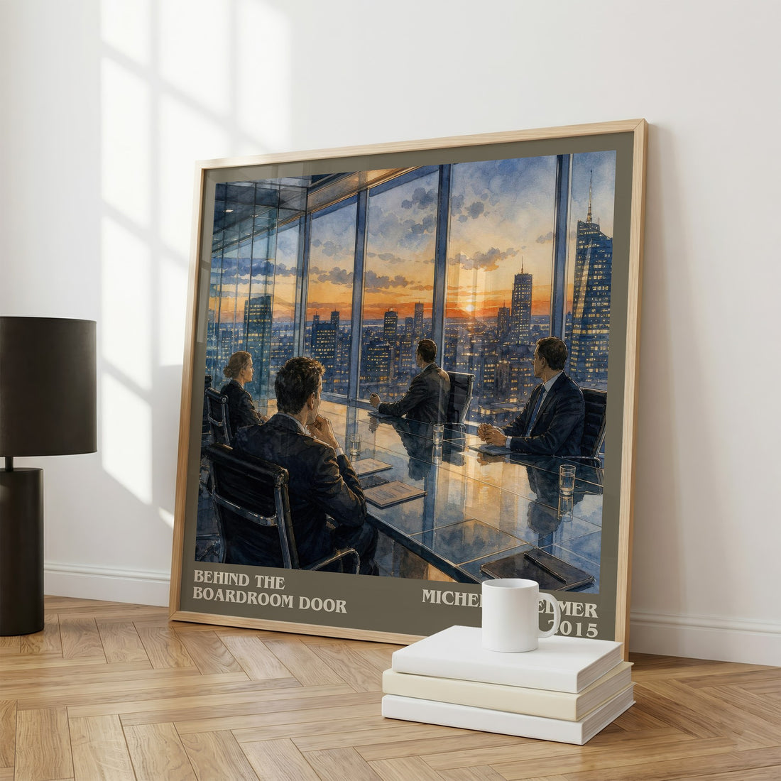 Behind the Boardroom Door literary print framed by window – literary home decor