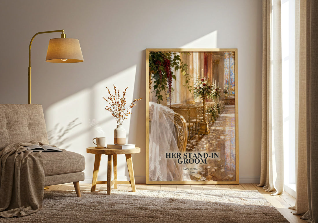 Her Stand-In Groom watercolour print in frame leaning in hallway – romance wall art