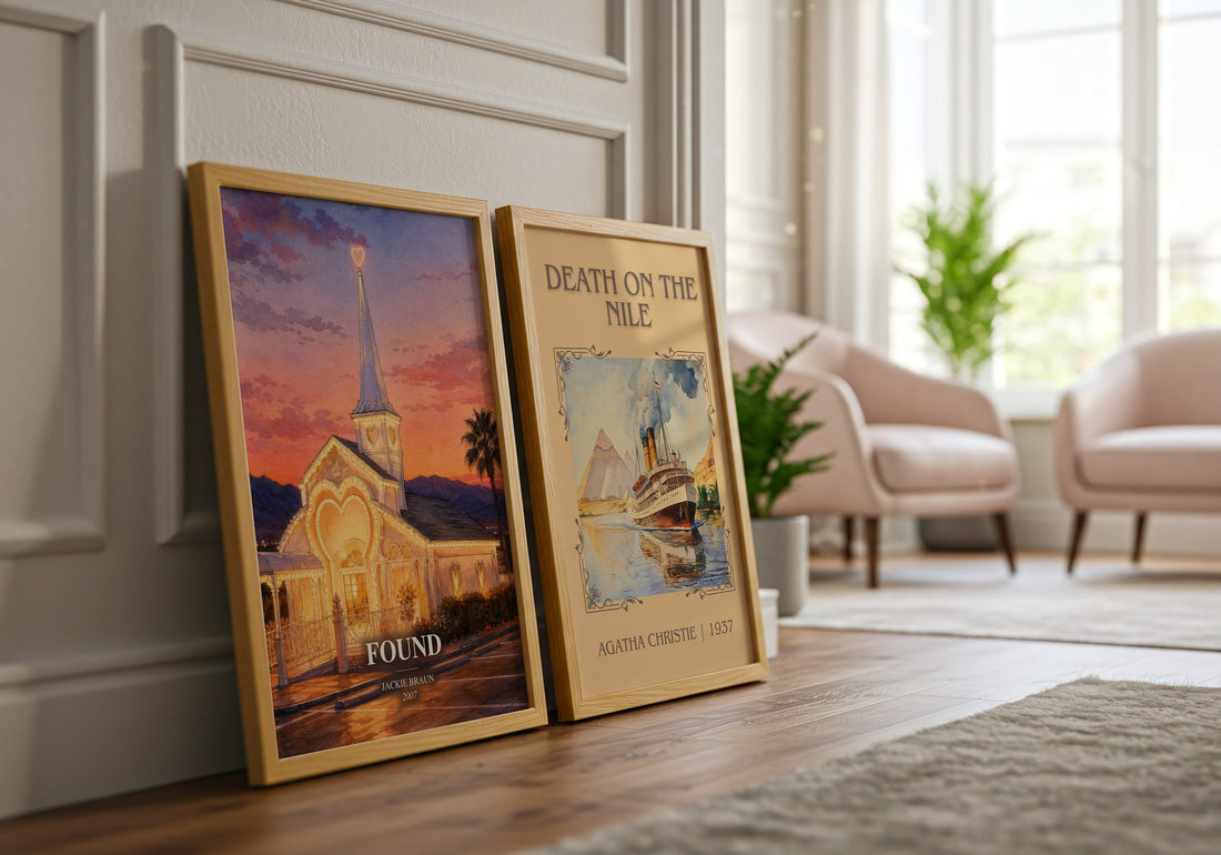 Found watercolour print framed by window – literary home decor