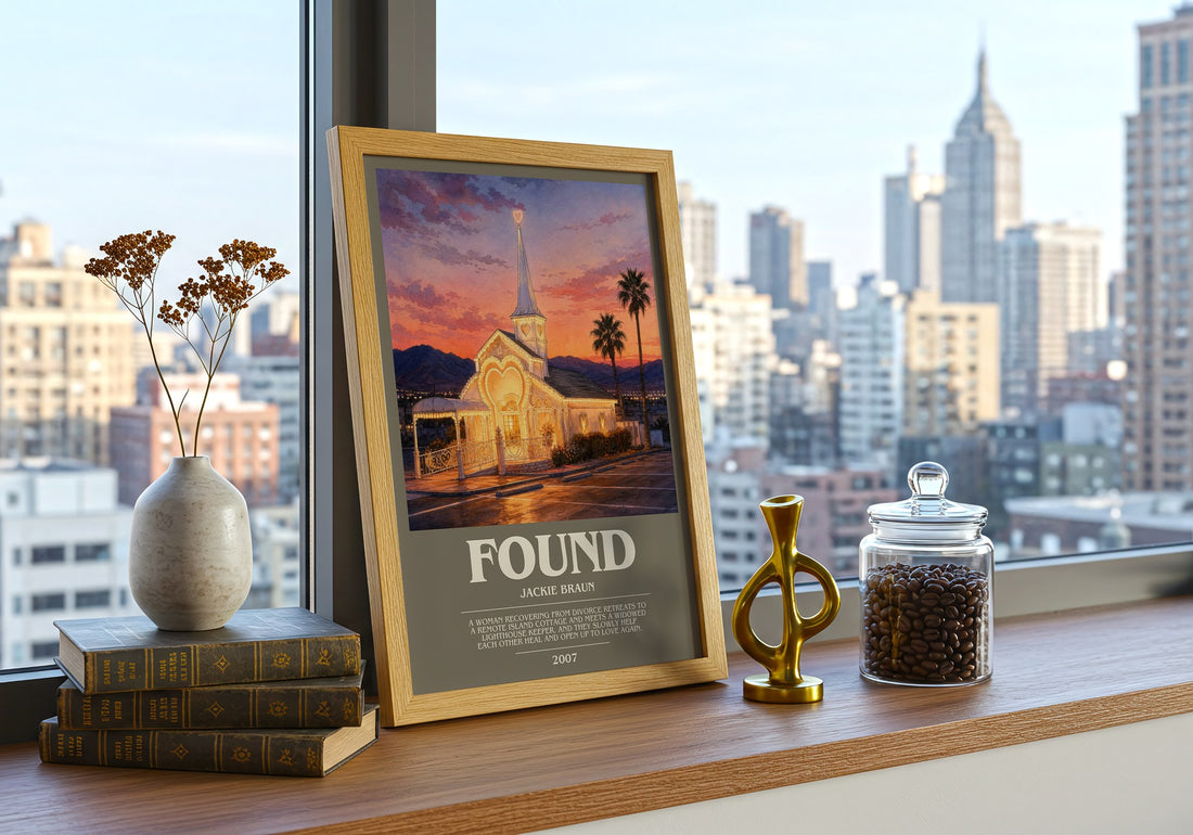 Found bookish print framed by window – literary home decor