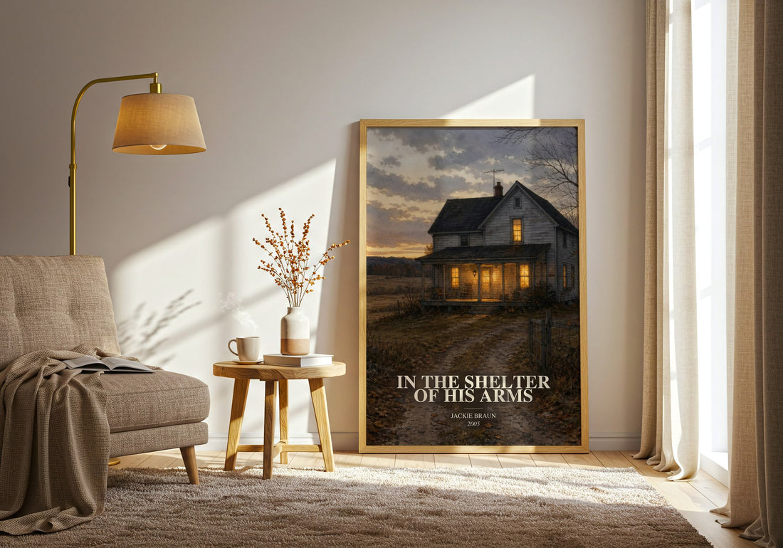 In The Shelter Of His Arms watercolour print in frame leaning in hallway – romance wall art