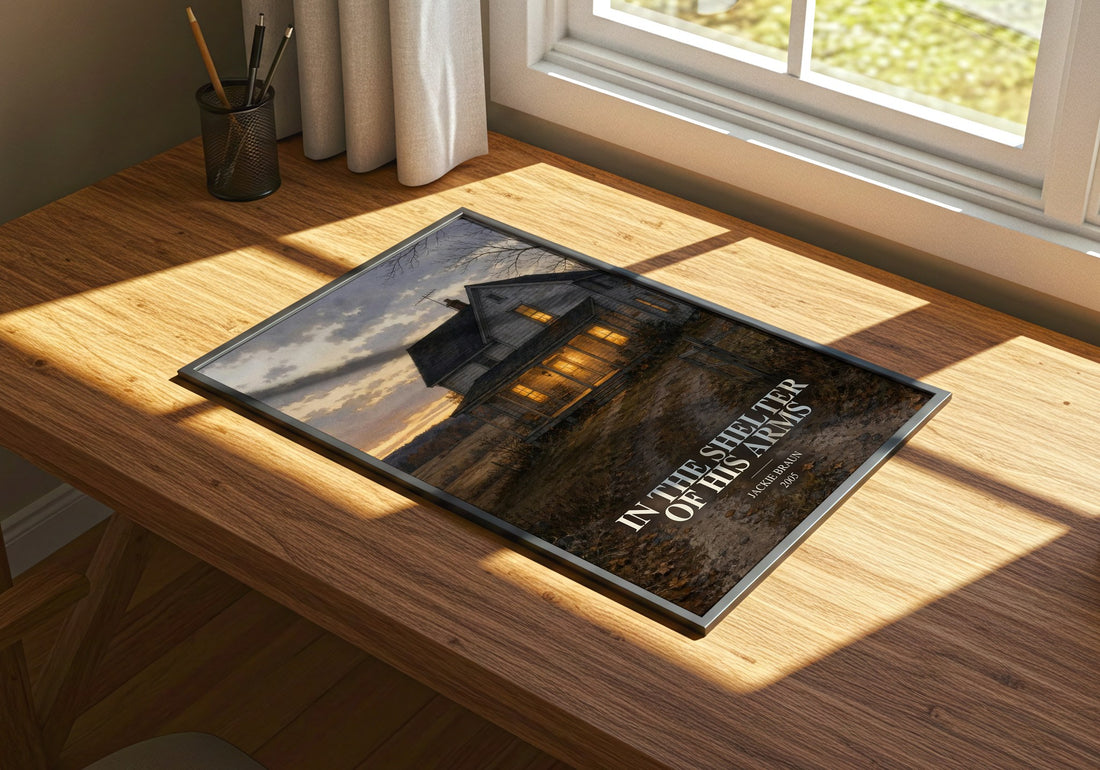 In The Shelter Of His Arms watercolour book poster framed on wall – romance wall art