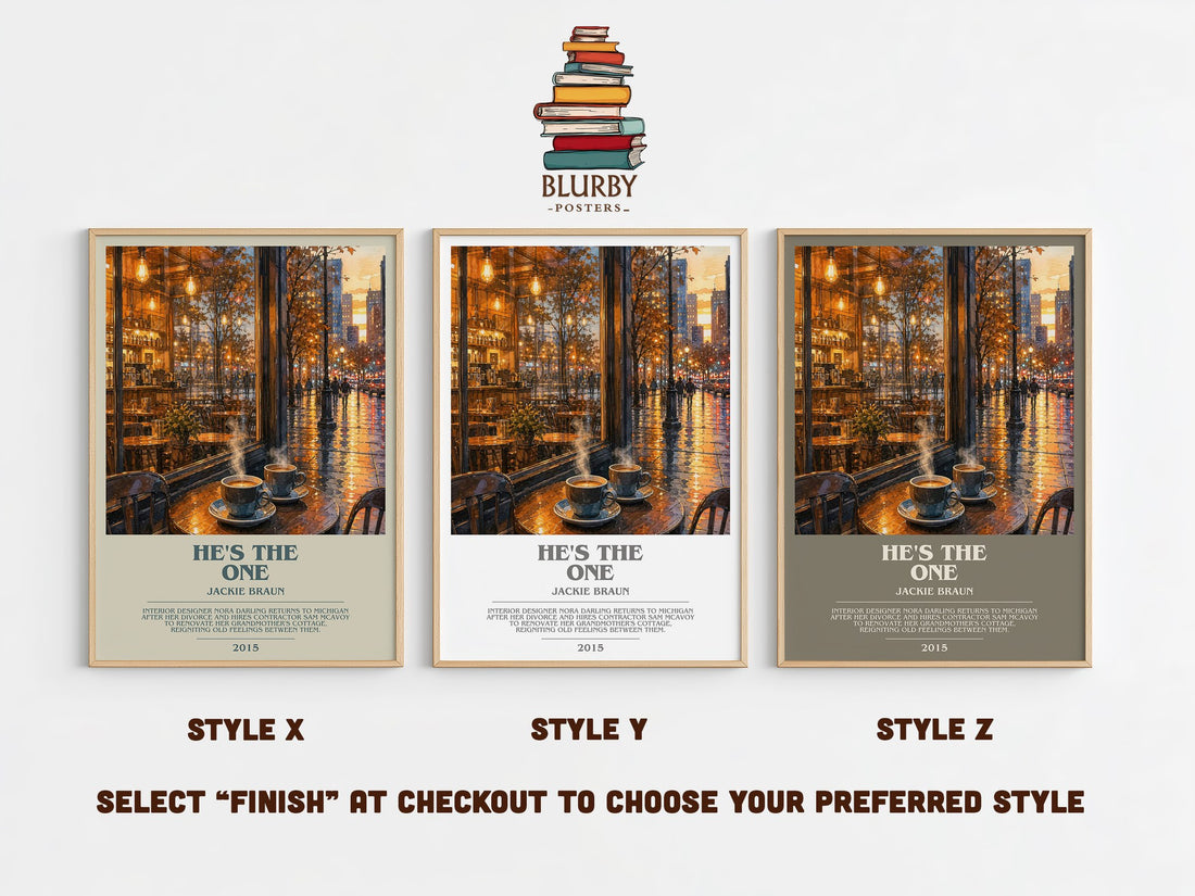 He's the One bookish print in frame leaning in hallway – romance wall art (mockup)