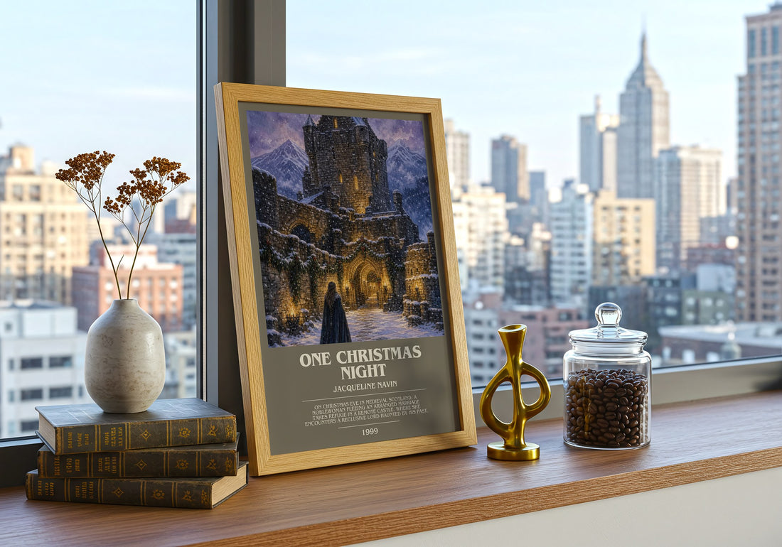 One Christmas Night bookish print framed by window – literary home decor