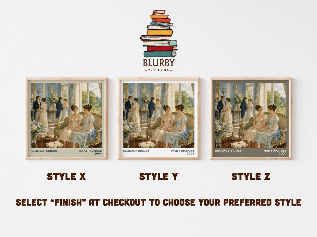 Regency Brides literary print in frame leaning in hallway – romance wall art (mockup)