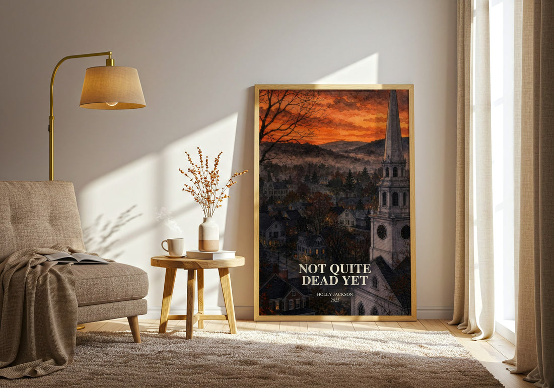 Not Quite Dead Yet watercolour print in frame leaning in hallway – thriller wall art