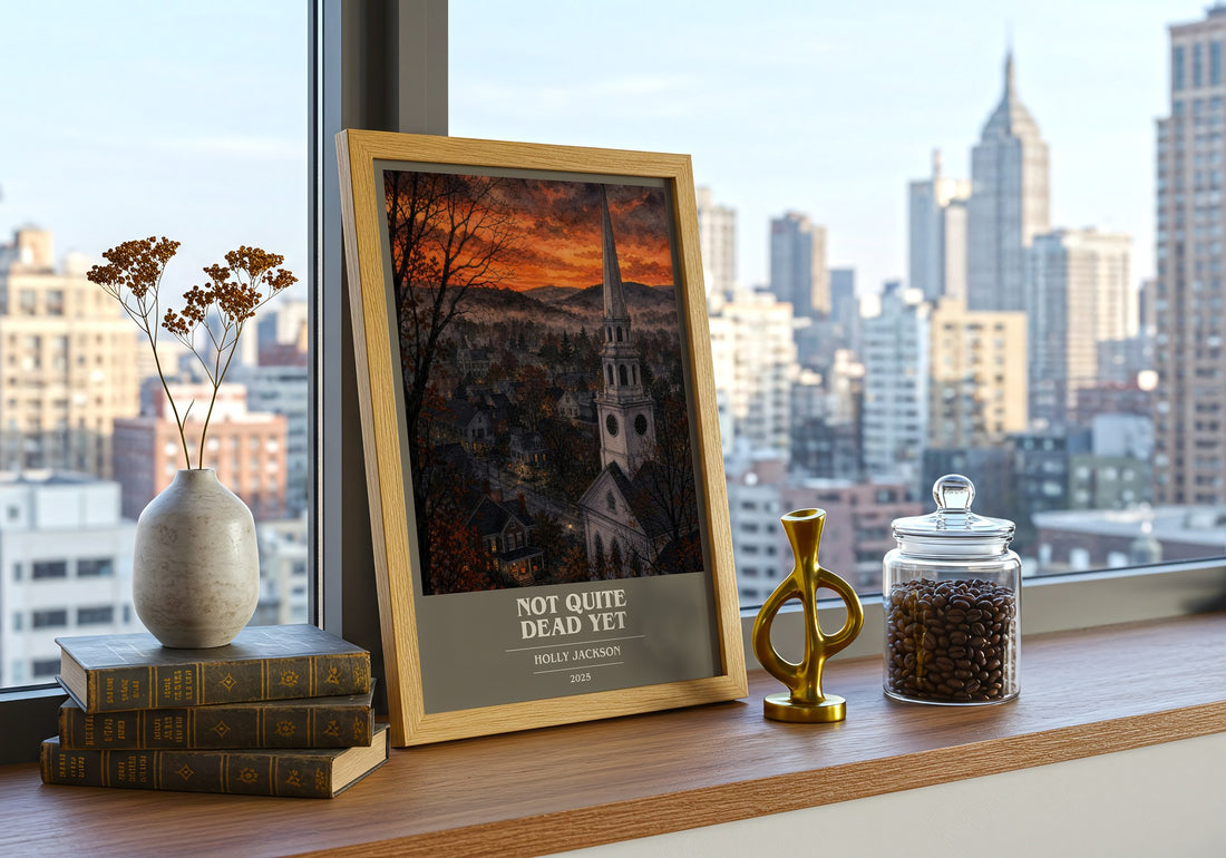Not Quite Dead Yet book cover print framed by window – literary home decor