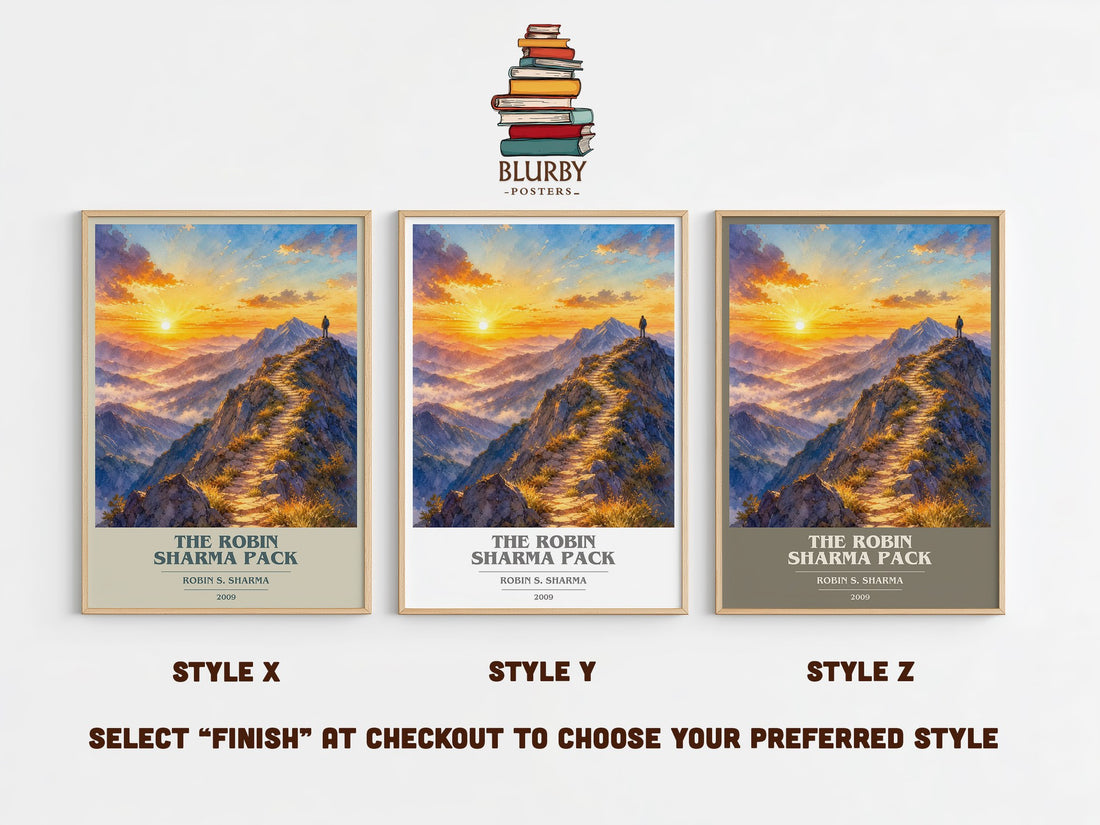 The Robin Sharma pack book cover print in frame leaning in hallway – non fiction wall art (mockup)