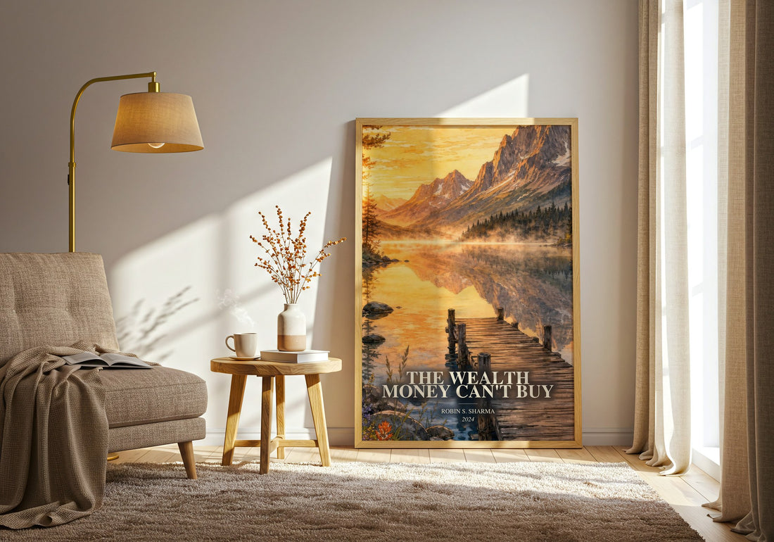 The Wealth Money Can't Buy watercolour print in frame leaning in hallway – non fiction wall art