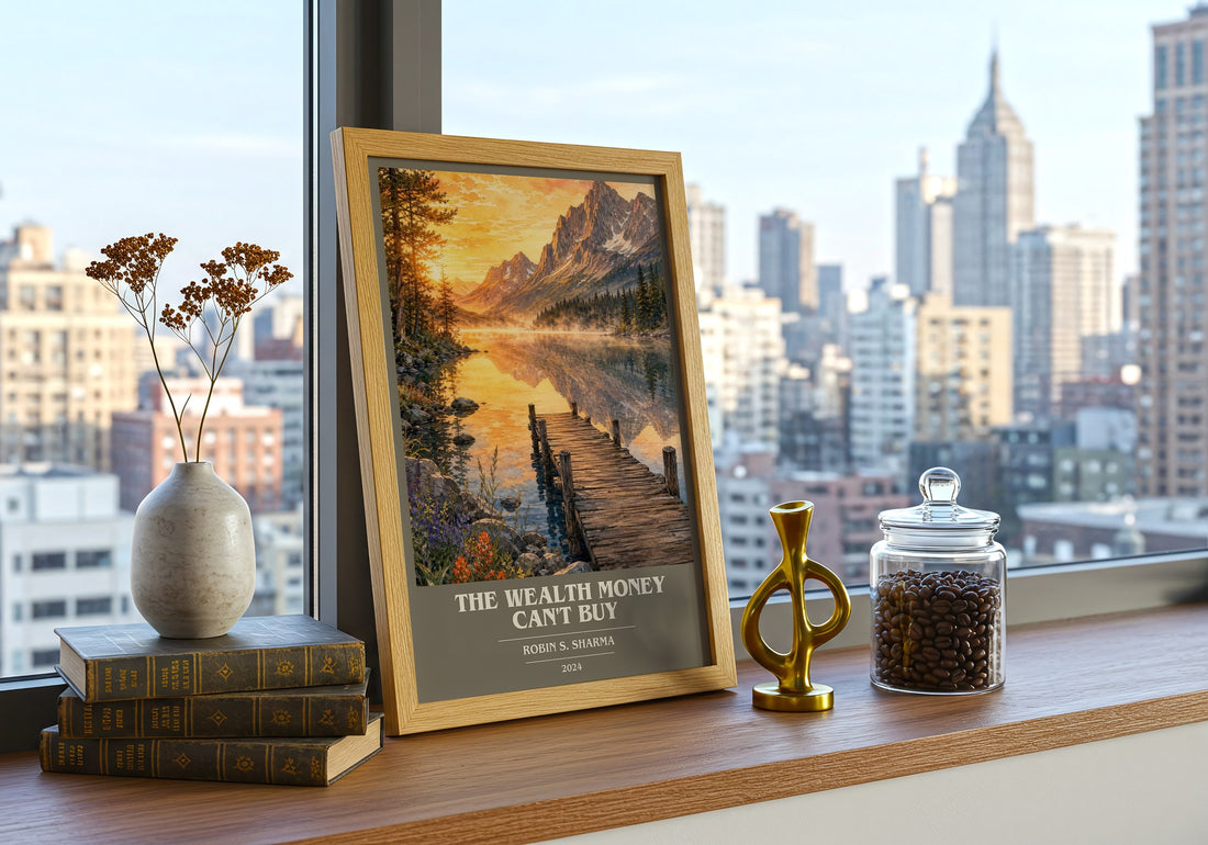 The Wealth Money Can't Buy book cover print framed by window – literary home decor