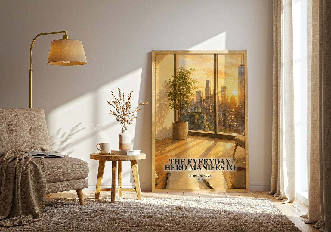 The Everyday Hero Manifesto watercolour print in frame leaning in hallway – non fiction wall art