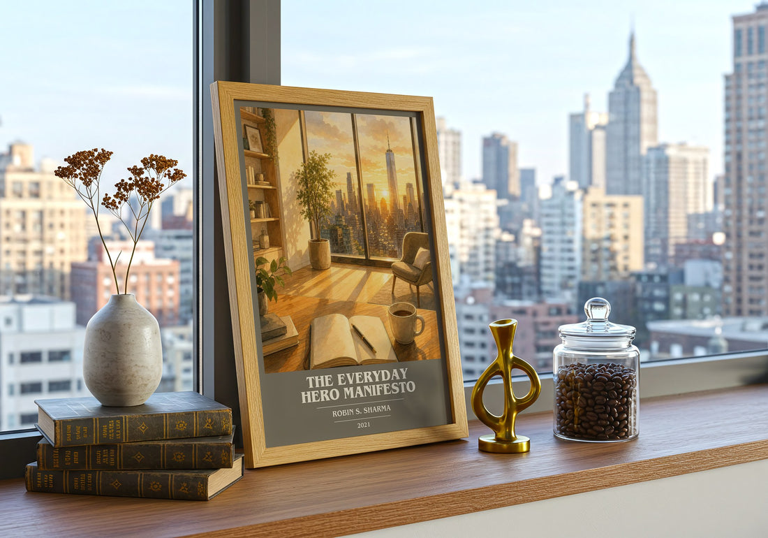 The Everyday Hero Manifesto book cover print framed by window – literary home decor