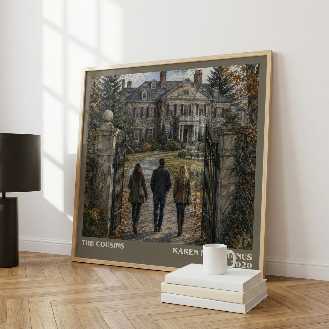The Cousins literary print framed by window – literary home decor