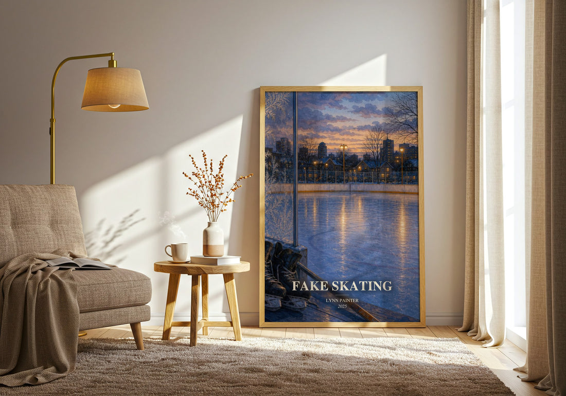 Fake Skating watercolour print in frame leaning in hallway – romance wall art