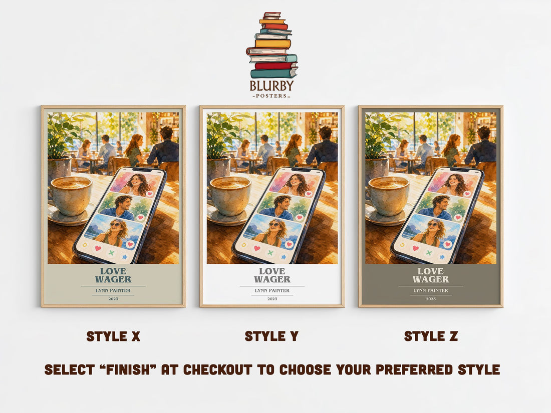 Love Wager book cover print in frame leaning in hallway – romance wall art (mockup)
