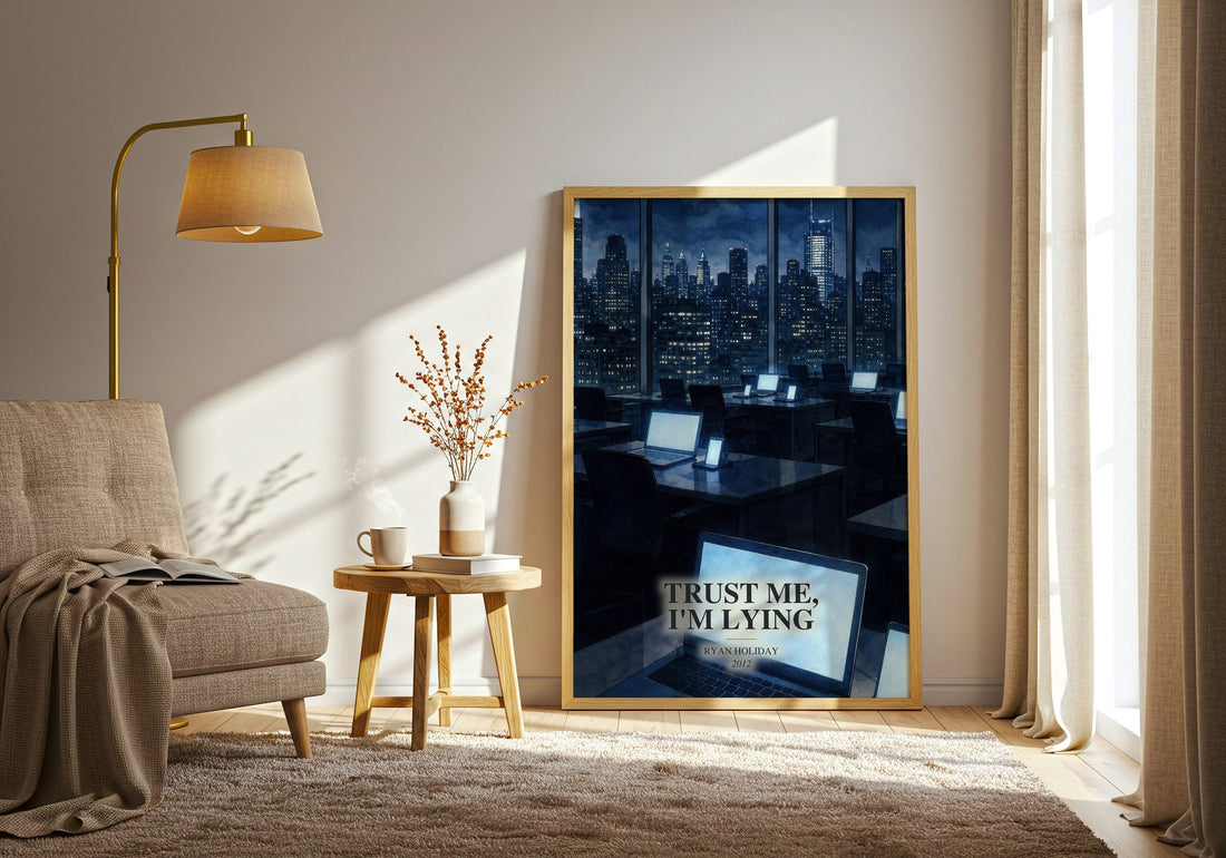 Trust Me, I'm Lying watercolour print in frame leaning in hallway – non fiction wall art