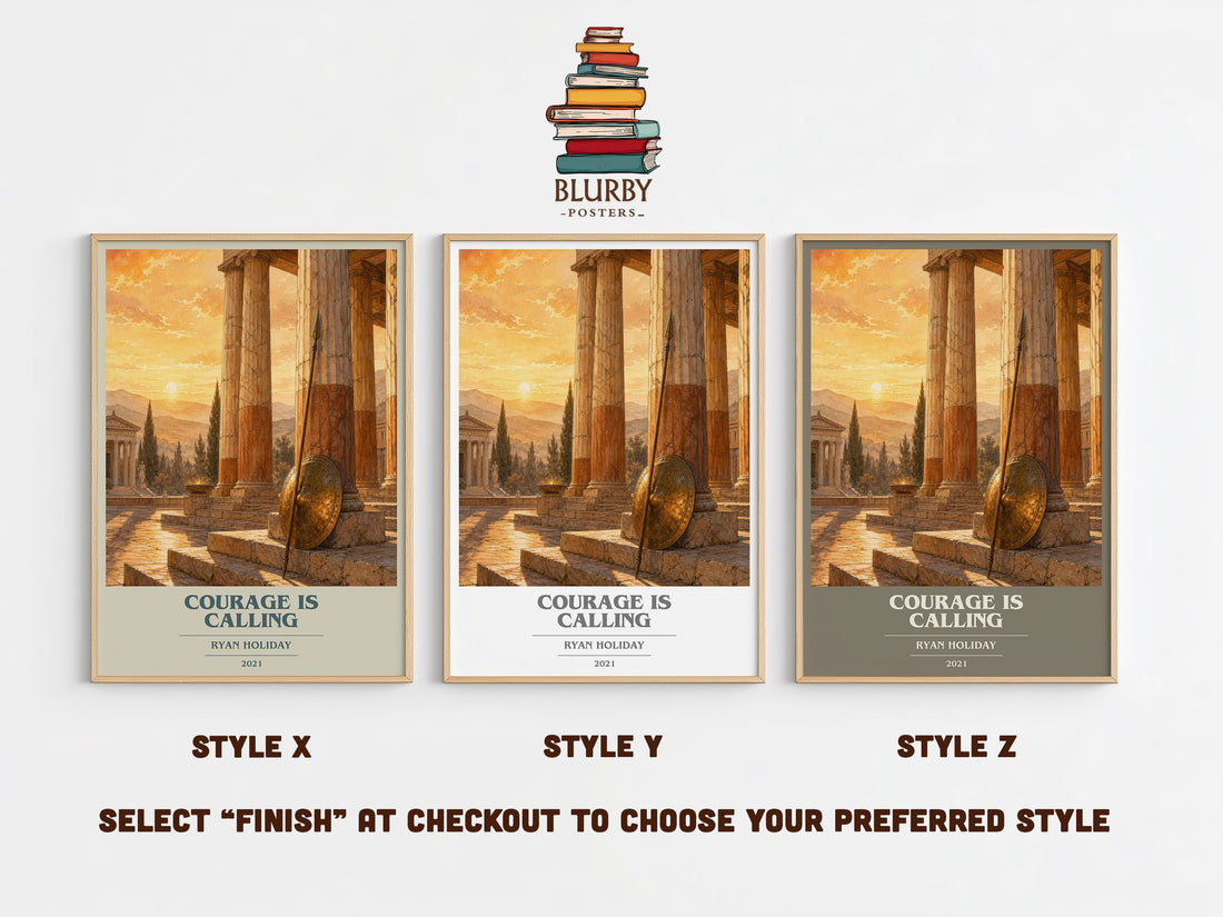 Courage Is Calling book cover print in frame leaning in hallway – philosophy wall art (mockup)