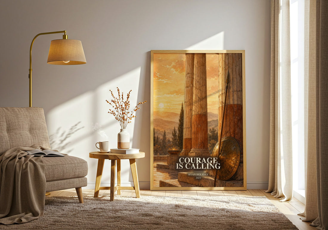 Courage Is Calling watercolour print in frame leaning in hallway – philosophy wall art