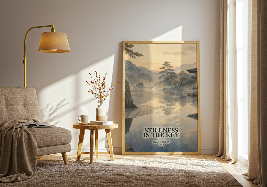 Stillness Is the Key watercolour print in frame leaning in hallway – philosophy wall art