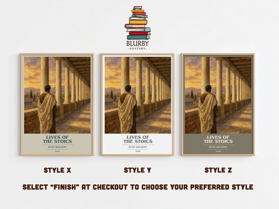Lives of the Stoics book cover print in frame leaning in hallway – philosophy wall art (mockup)