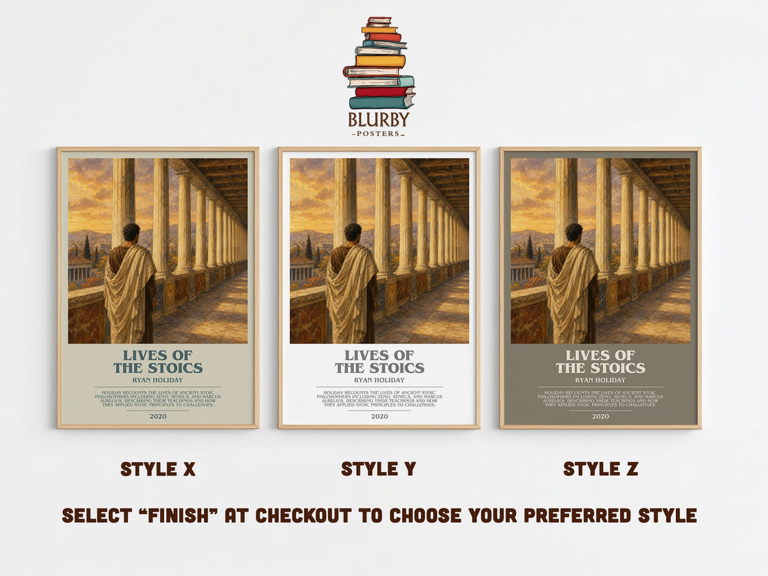 Lives of the Stoics bookish print in frame leaning in hallway – philosophy wall art (mockup)