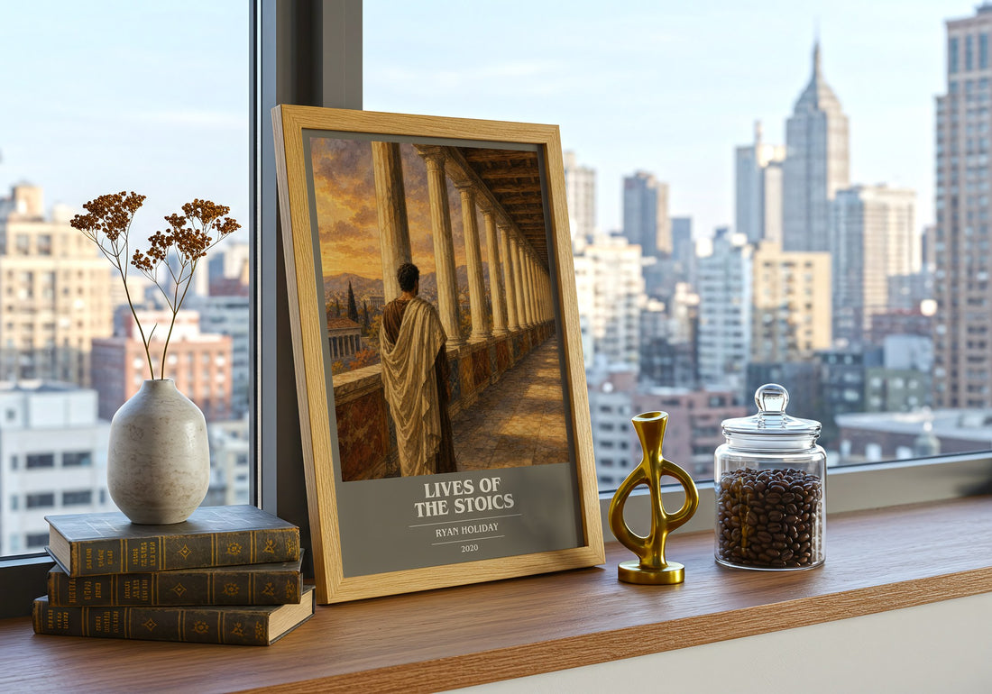 Lives of the Stoics book cover print framed by window – literary home decor