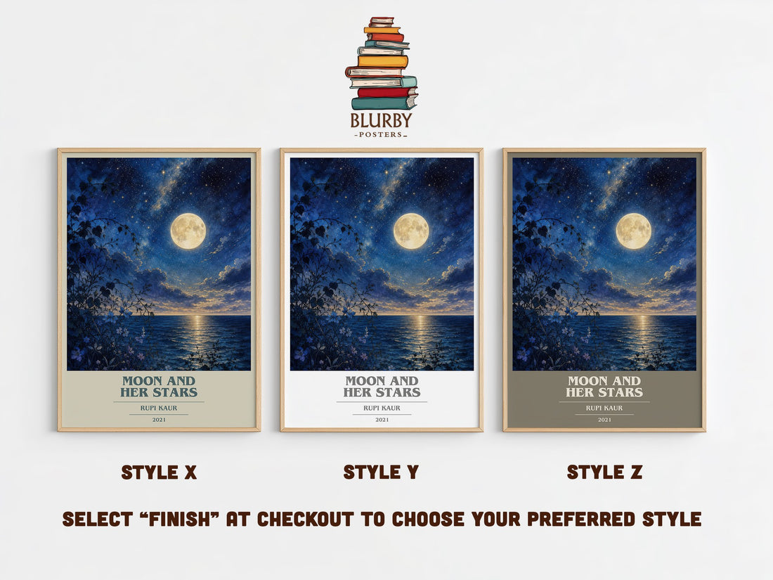Moon and Her Stars book cover print in frame leaning in hallway – poetry wall art (mockup)