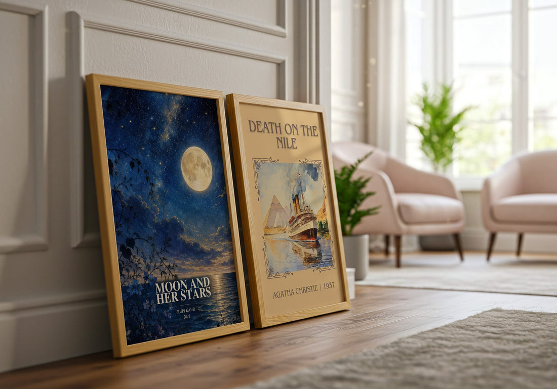 Moon and Her Stars watercolour print framed by window – literary home decor