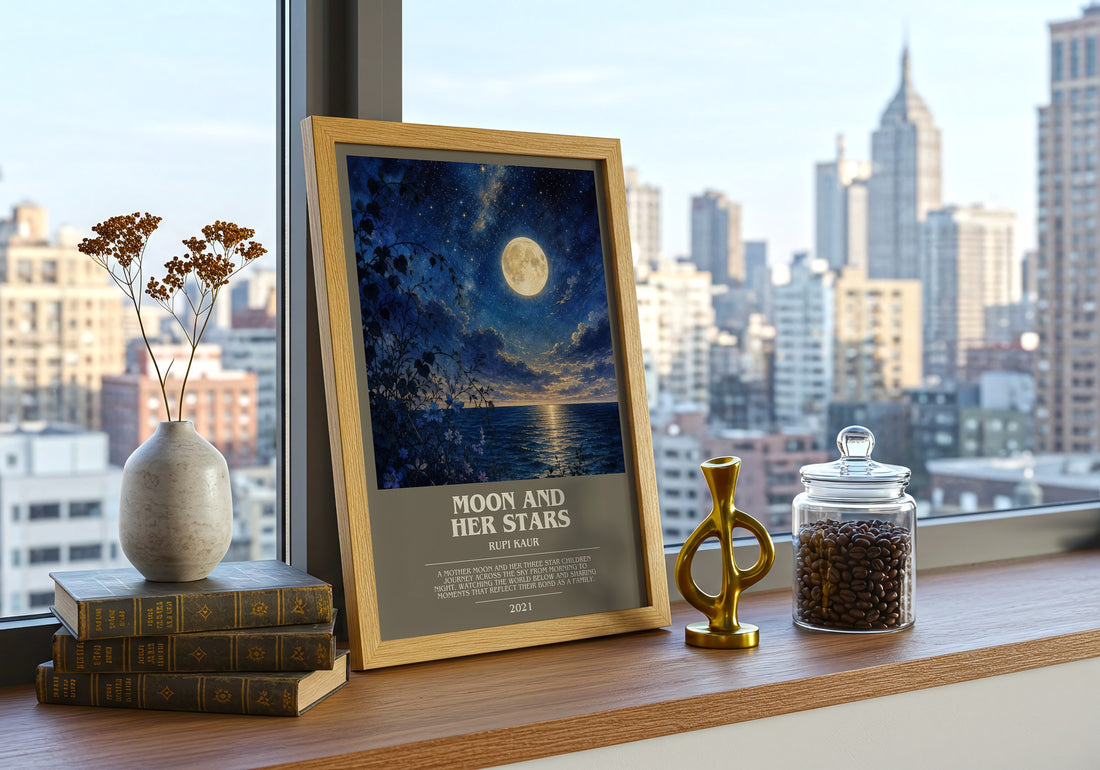 Moon and Her Stars bookish print framed by window – literary home decor