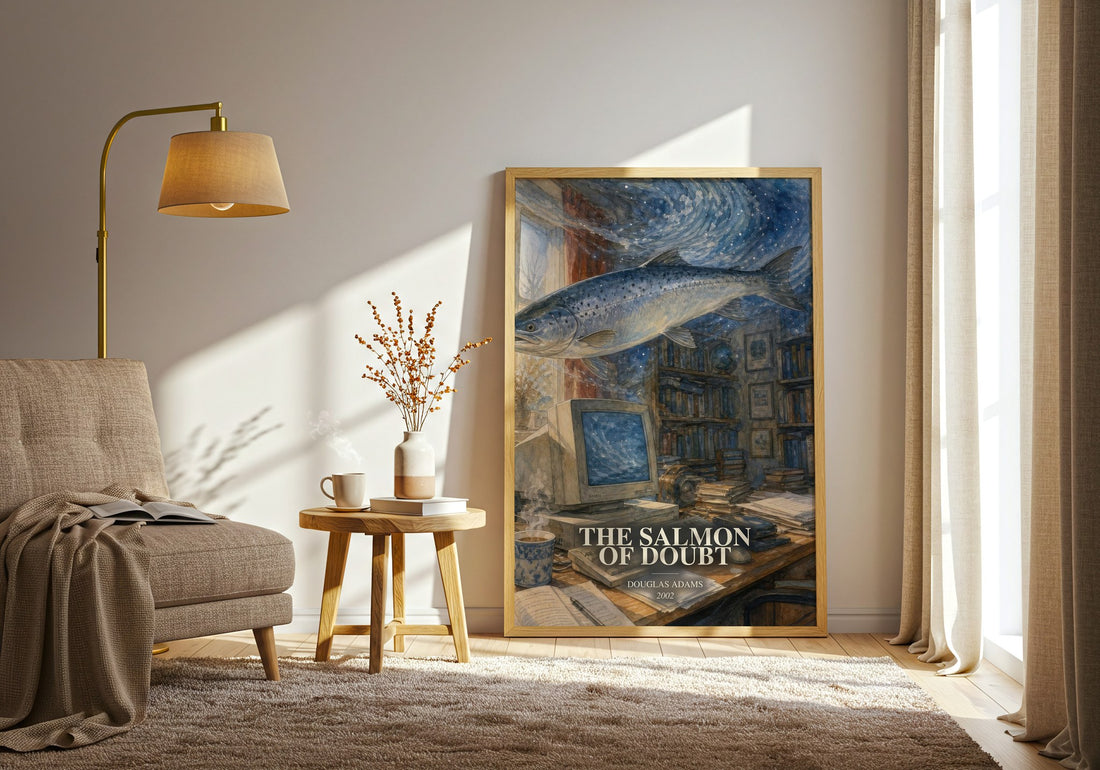 The Salmon of Doubt watercolour print in frame leaning in hallway – sci fi wall art
