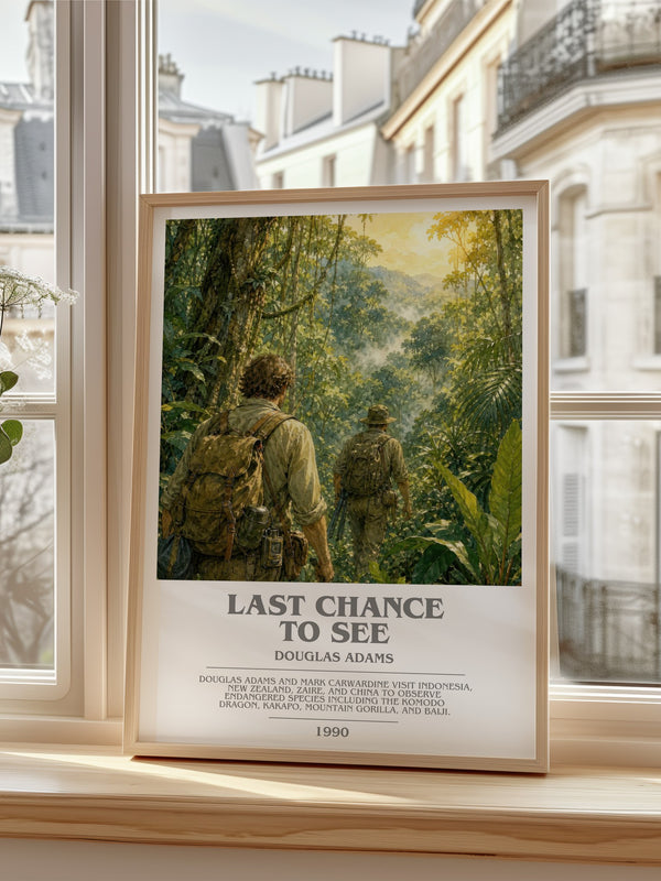 Last Chance to See bookish poster colour and style options – Douglas Adams book art