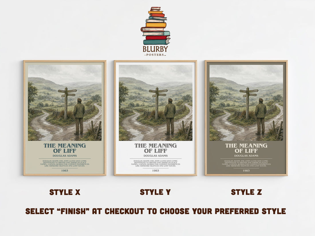 The meaning of Liff bookish print in frame leaning in hallway – non fiction wall art (mockup)
