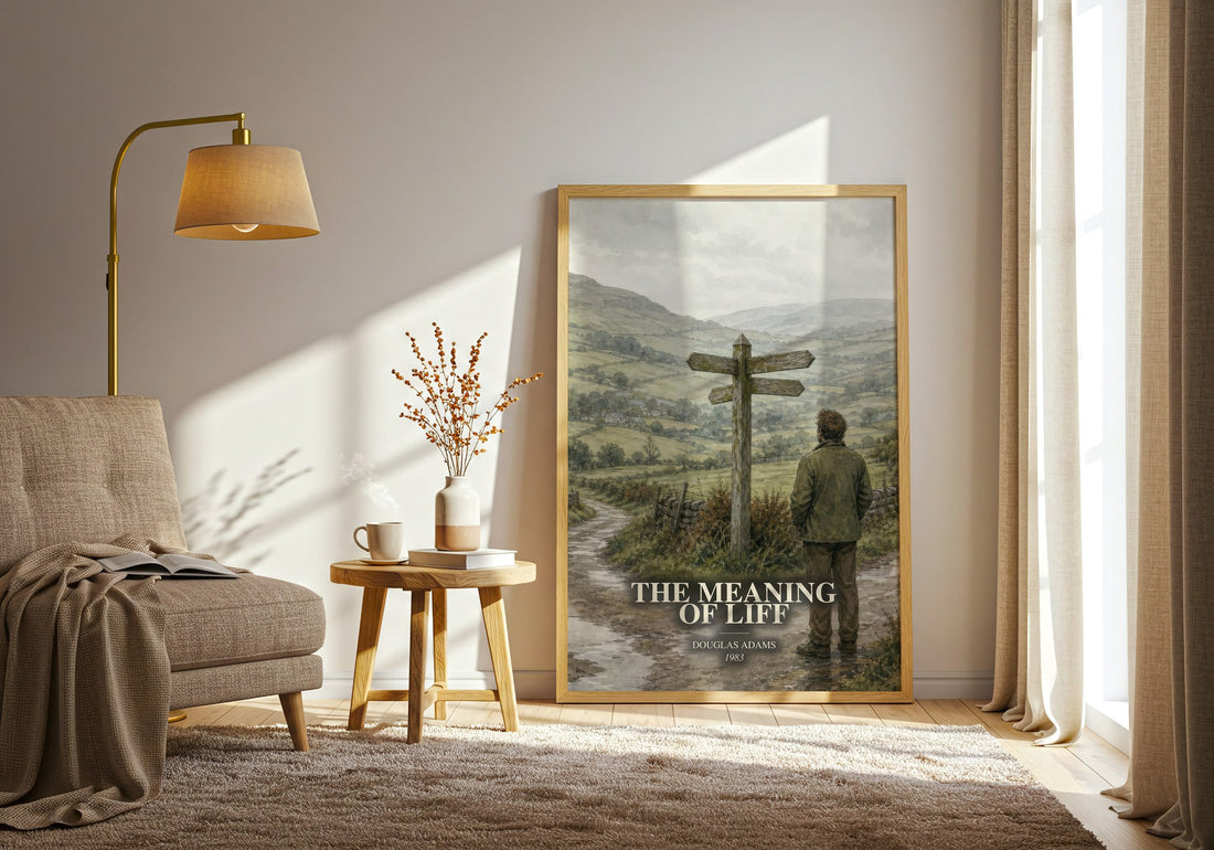 The meaning of Liff watercolour print in frame leaning in hallway – non fiction wall art