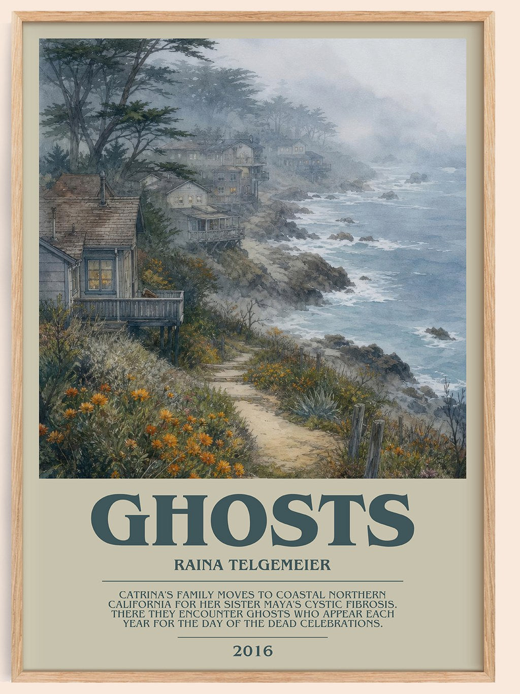 Ghosts bookish book poster by Raina Telgemeier – framed literary art print