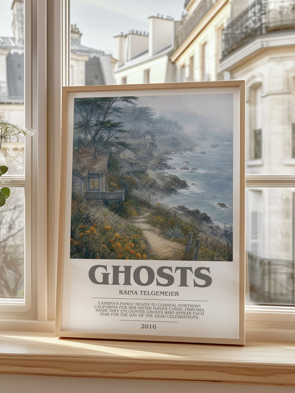 Ghosts bookish poster colour and style options – Raina Telgemeier book art