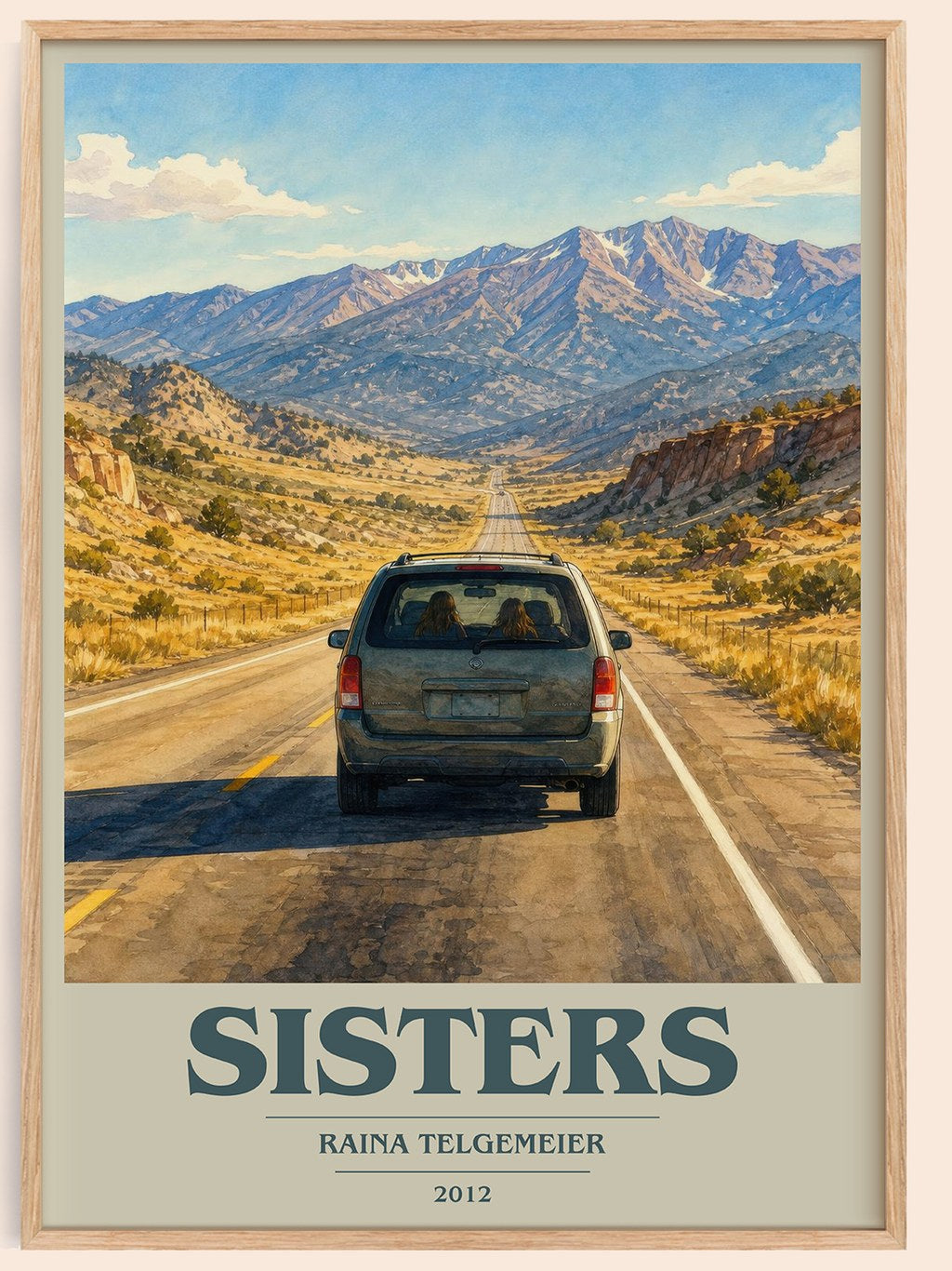Sisters book cover book poster by Raina Telgemeier – framed literary art print